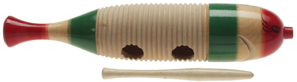 Petit güiro en bois en forme de poisson, avec mailloche