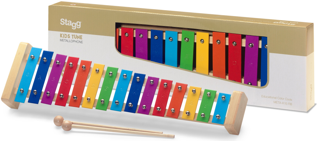 Métallophone avec 15 lames de différentes couleurs et deux mailloches