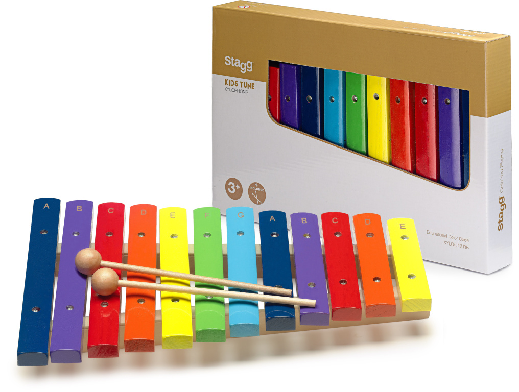 Xylophone avec 12 lames de différentes couleurs et deux mailloches en bois