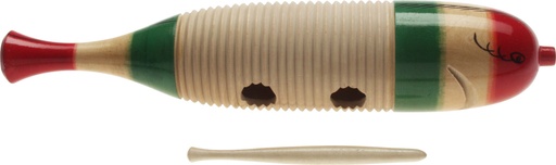 [GUF-141L] Grand güiro en bois en forme de poisson, avec mailloche