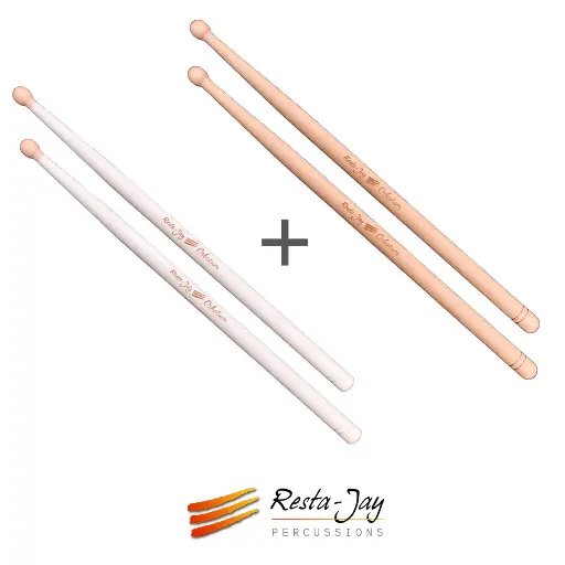 [Lot-TAMBORB-blanc+bois] Lot de 2 paires de baguettes de Tambour - ORBATUM - "Blanches" et "Bois"